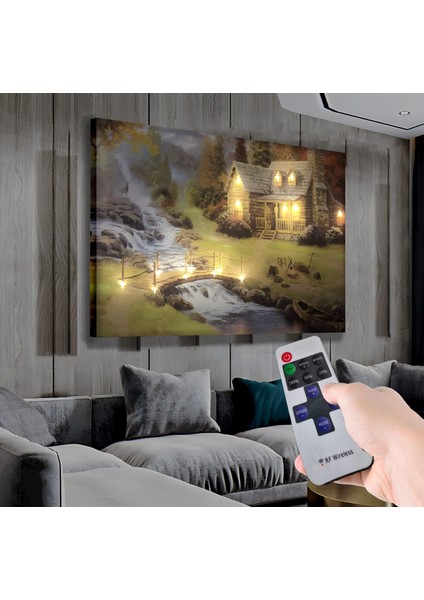 LED Işıklı Uzaktan Kumandalı Dağ Evi Kanvas Tablo