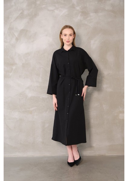 Takma Manşet Dabıl Elbise-Siyah