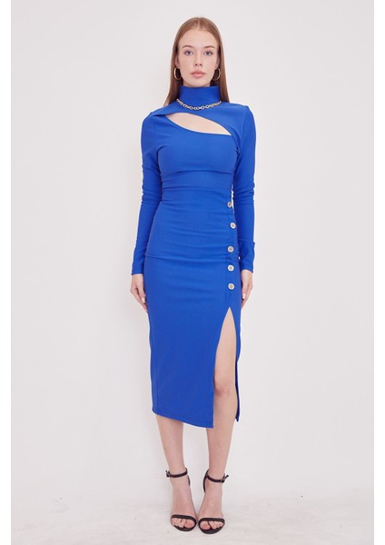 Düğmeli Yırtmaçlı Elbise-Indigo