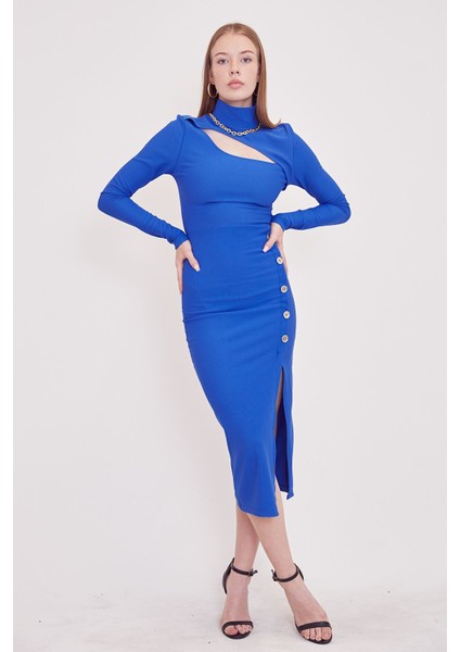 Düğmeli Yırtmaçlı Elbise-Indigo fırsatları