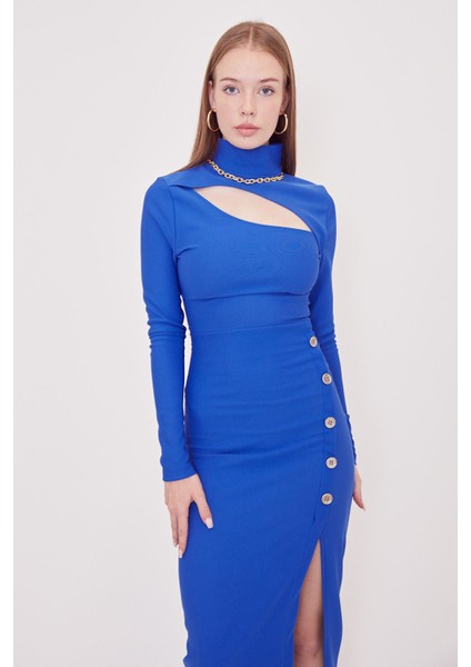 Düğmeli Yırtmaçlı Elbise-Indigo indirimleri