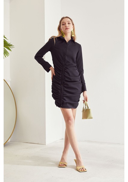 Ön Büzgülü Elbise-Siyah fiyatları