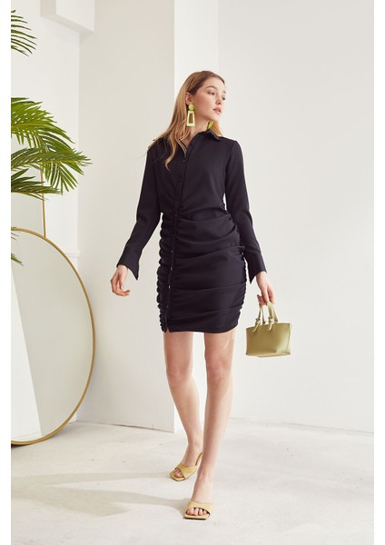 Ön Büzgülü Elbise-Siyah modelleri