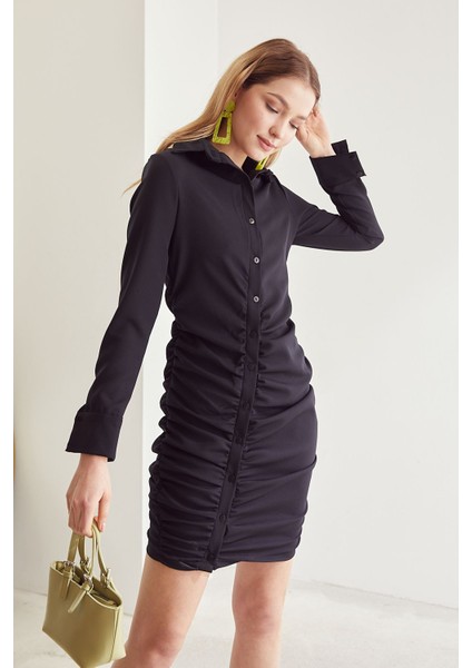 Ön Büzgülü Elbise-Siyah indirimleri