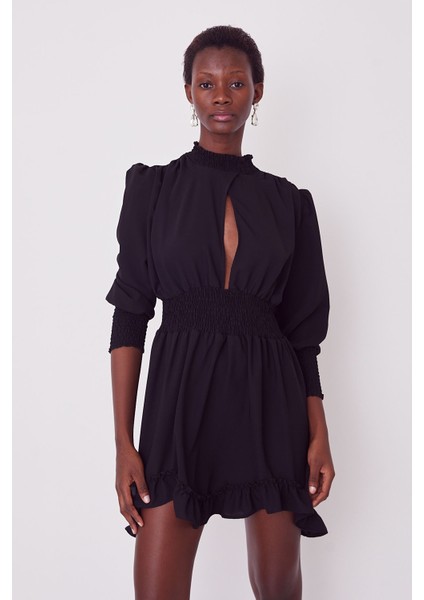 Kruvaze Büzgülü Elbise-Siyah