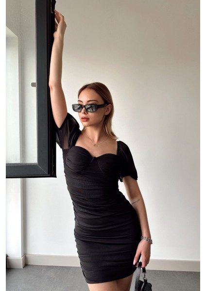 Büzgülü Elbise-Siyah