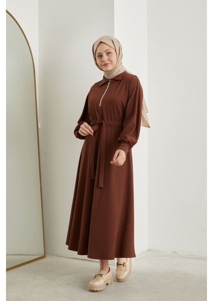 Yarasa Kol Fermuar Detay Burgu Elbise-Kahve