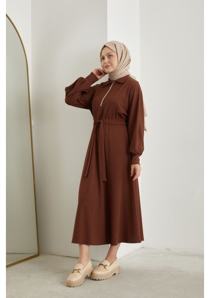 Yarasa Kol Fermuar Detay Burgu Elbise-Kahve modelleri