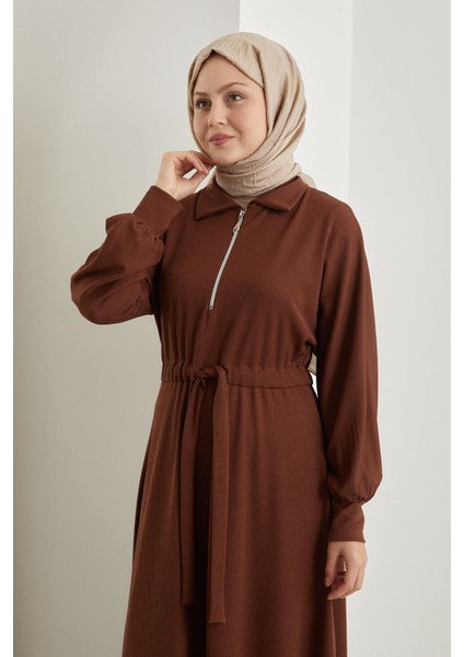 Yarasa Kol Fermuar Detay Burgu Elbise-Kahve fırsatları