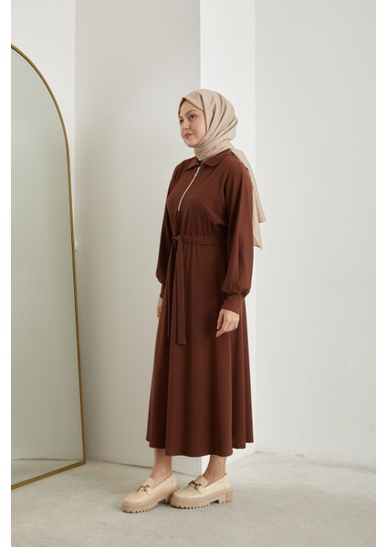 Yarasa Kol Fermuar Detay Burgu Elbise-Kahve indirimleri