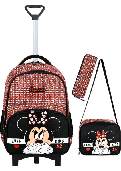 Minnie Mouse Beslenme ve Kalemlikli 3'lü Set Ilkokul Çekçekli Çanta - Katlanır Ayak , Termal Beslenme
