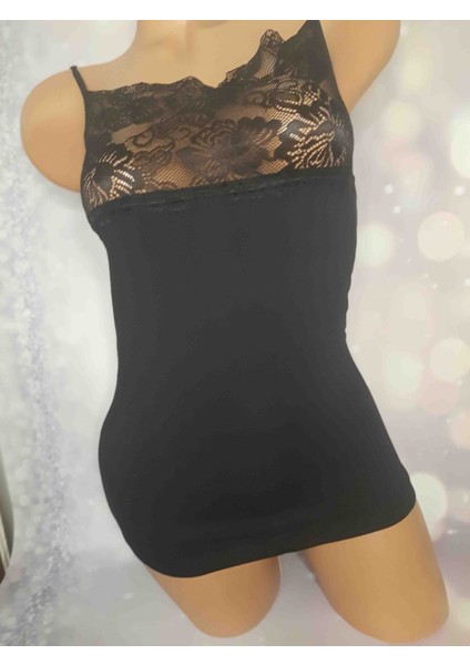 Siyah Ip Askılı %92 Pamuk Cotton %8 Elastan Likralı Geniş Dantelli Rahat Kadın Atlet fiyatları