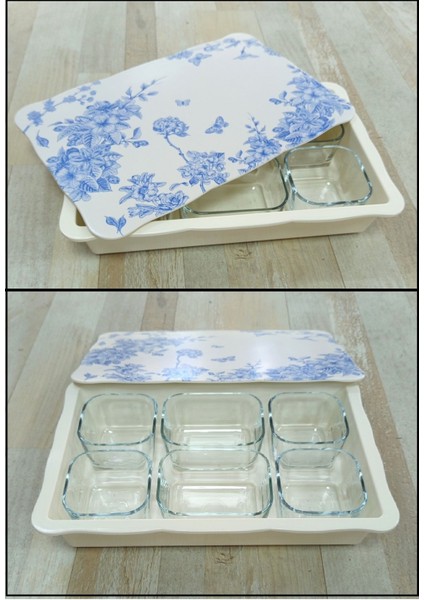 6'lı Cam Kahvaltılık Kase Seti, Mavi Çiçekli, Şık ve Kullanışlı Tepsili Tasarım