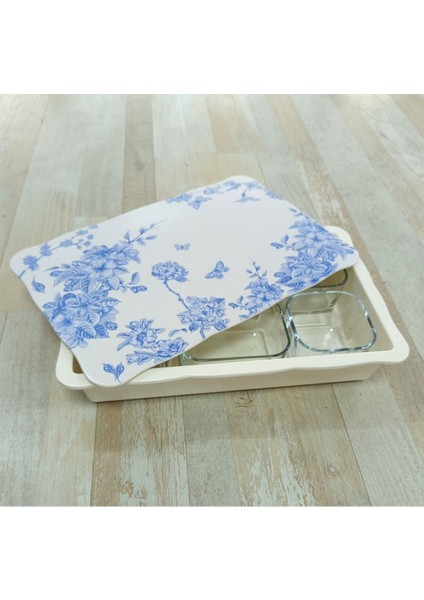 6'lı Cam Kahvaltılık Kase Seti, Mavi Çiçekli, Şık ve Kullanışlı Tepsili Tasarım fiyatları