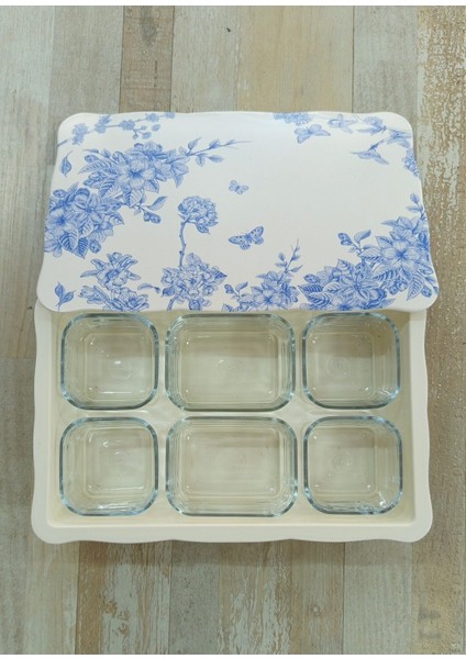 6'lı Cam Kahvaltılık Kase Seti, Mavi Çiçekli, Şık ve Kullanışlı Tepsili Tasarım modelleri
