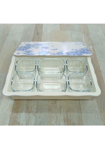 6'lı Cam Kahvaltılık Kase Seti, Mavi Çiçekli, Şık ve Kullanışlı Tepsili Tasarım