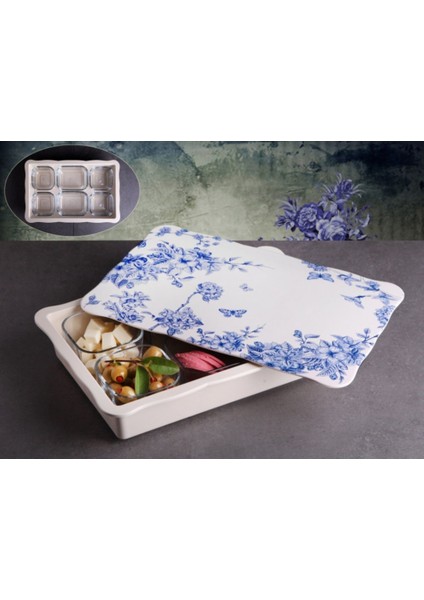 6'lı Cam Kahvaltılık Kase Seti, Mavi Çiçekli, Şık ve Kullanışlı Tepsili Tasarım