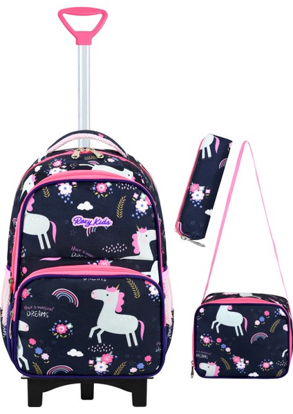 Unicorn Beslenme ve Kalemlikli 3'lü Set Ilkokul Çekçekli Çanta - Katlanır Ayak , Termal Beslenme