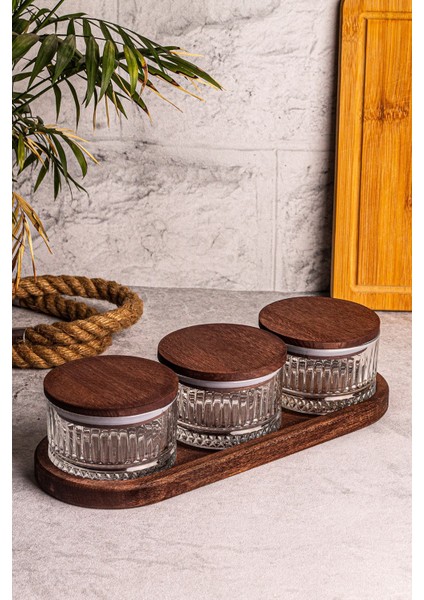 4 Parça Ahşap Tepsili Cam Kahvaltılık Seti, 235 Ml, Çok Amaçlı, Şık ve Kullanışlı