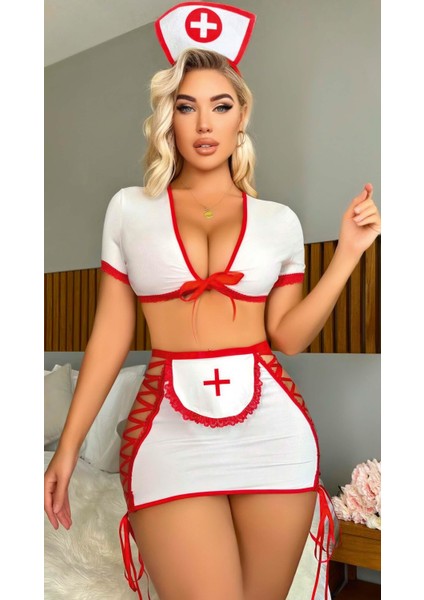 Mulvxbrf BRF02 Beyaz Kenarları Ip Detaylı Hemşire Kostüm (Mulvix)