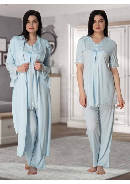 Dvina Effortt Lohusa Dantelli Sabahlıklı Pijama Takımı Mavi - 5034