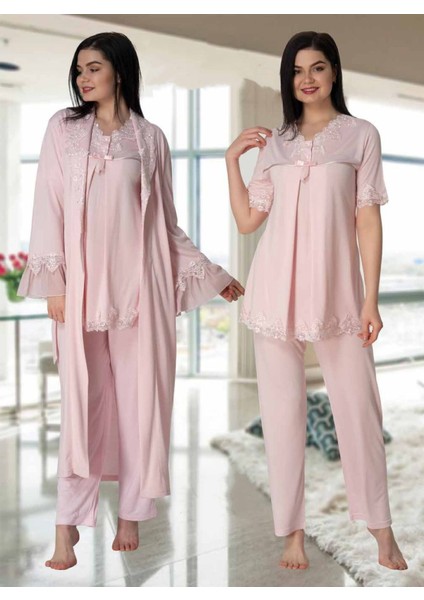 Dvina Effortt Lohusa Dantelli Sabahlıklı Pijama Takımı Pembe - 5034