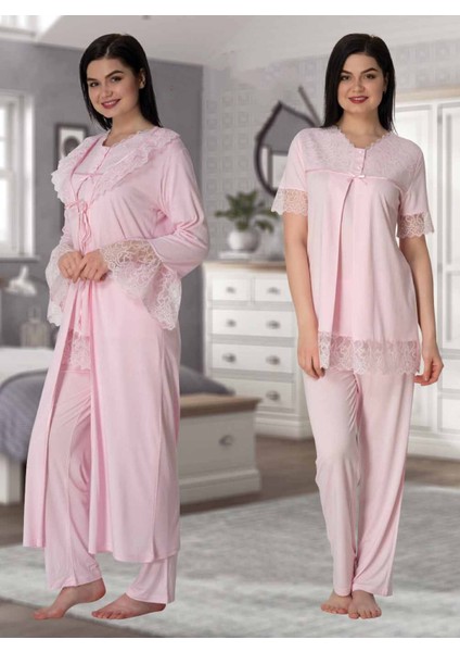 Dvina Effortt Lohusa Dantelli Sabahlıklı Pijama Takımı Pembe - 5044