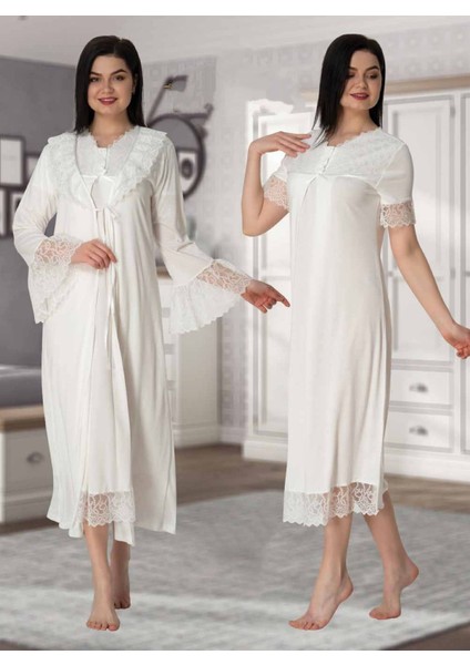 Dvina Effortt Lohusa Sabahlıklı Gecelik Takımı Ekru - 5045