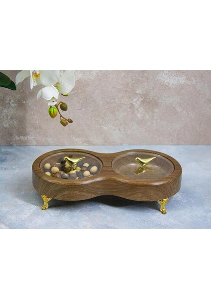 Ahşap Görünümlü 2 Bölmeli Gold Kuş Detaylı Kapaklı Çerezlik 25 cm