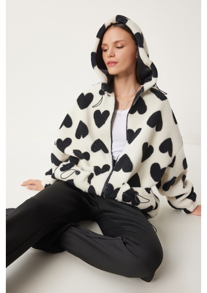 Kapüşonlu Kalpli Peluş Mont LRI0005 EKRU SİYAH