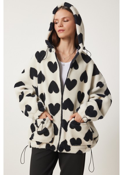 Kapüşonlu Kalpli Peluş Mont LRI0005 EKRU SİYAH fiyatları