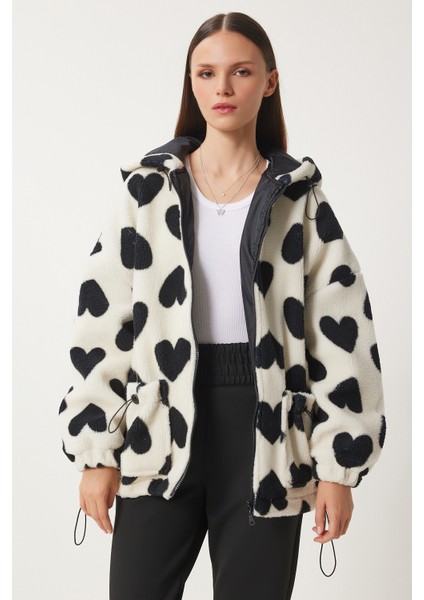 Kapüşonlu Kalpli Peluş Mont LRI0005 EKRU SİYAH modelleri