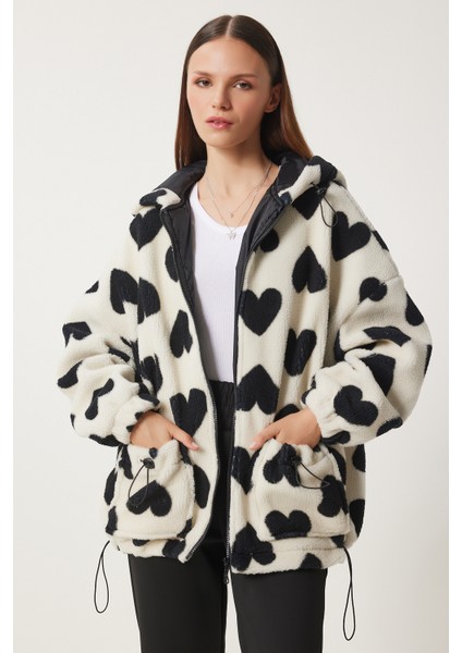 Kapüşonlu Kalpli Peluş Mont LRI0005 EKRU SİYAH fırsatları