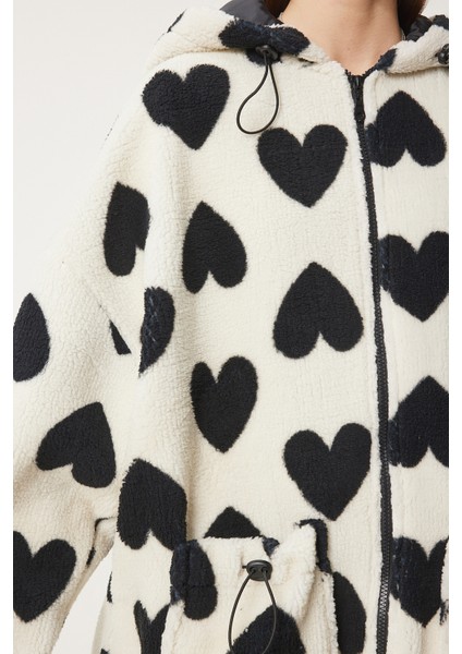 Kapüşonlu Kalpli Peluş Mont LRI0005 EKRU SİYAH indirimleri