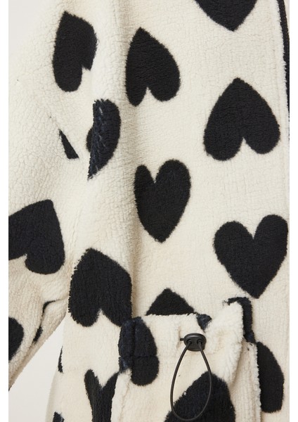 Kapüşonlu Kalpli Peluş Mont LRI0005 EKRU SİYAH