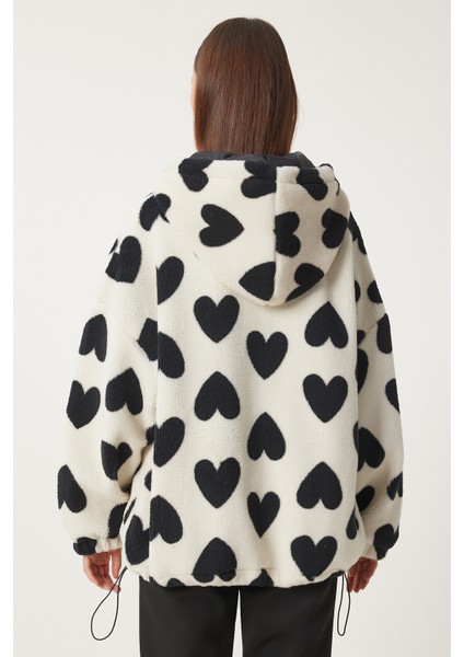 Kapüşonlu Kalpli Peluş Mont LRI0005 EKRU SİYAH