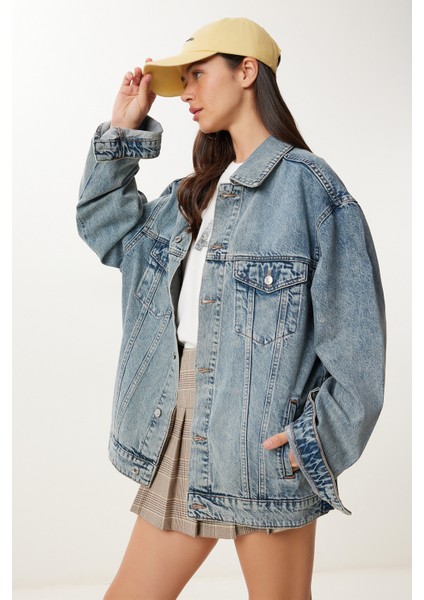 Yıkamalı Oversize Denim Ceket LAC0002 AÇIK MAVİ modelleri