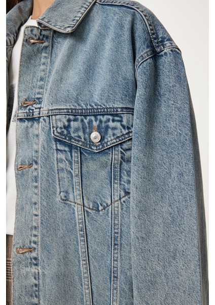 Yıkamalı Oversize Denim Ceket LAC0002 AÇIK MAVİ fırsatları