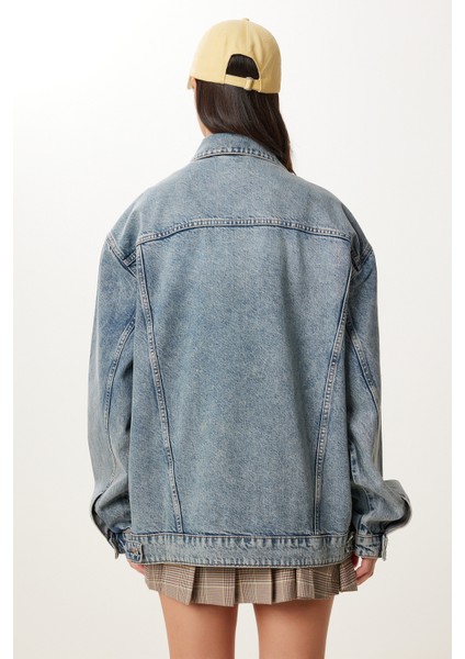 Yıkamalı Oversize Denim Ceket LAC0002 AÇIK MAVİ indirimleri
