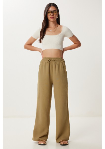 Müslin Palazzo Pantolon LMX0008 ZEYTİN YEŞİLİ fiyatları
