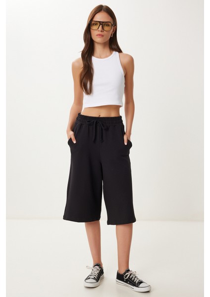 Cepli Esnek Örme Eşofman Şort LUB0126 SİYAH