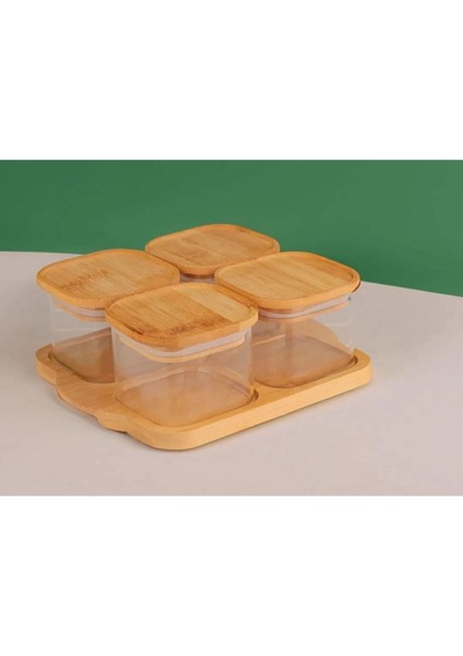 Bambu Kapaklı Tepsili Kahvaltı Seti, 4'lü, Bej Renkli, Vakumlu Kapakli