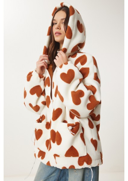 Kapüşonlu Kalpli Peluş Mont LRI0005 BİSKÜVİ EKRU fiyatları