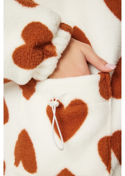 Kapüşonlu Kalpli Peluş Mont LRI0005 BİSKÜVİ EKRU