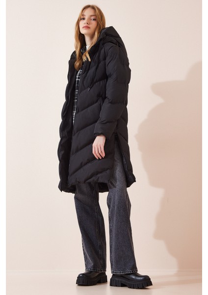 Kapüşonlu Uzun Şişme Kaban LRV0021 SİYAH fiyatları