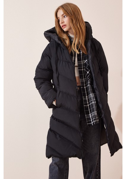 Kapüşonlu Uzun Şişme Kaban LRV0021 SİYAH fırsatları