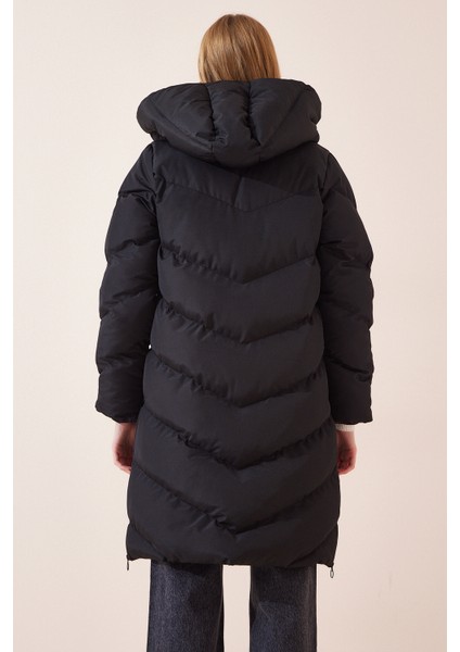 Kapüşonlu Uzun Şişme Kaban LRV0021 SİYAH indirimleri