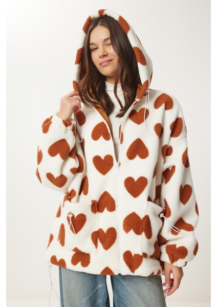 Kapüşonlu Kalpli Peluş Mont LRI0005 BİSKÜVİ EKRU modelleri