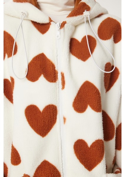 Kapüşonlu Kalpli Peluş Mont LRI0005 BİSKÜVİ EKRU