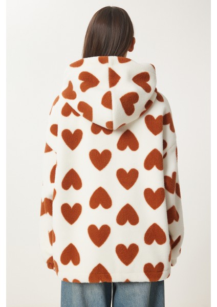 Kapüşonlu Kalpli Peluş Mont LRI0005 BİSKÜVİ EKRU